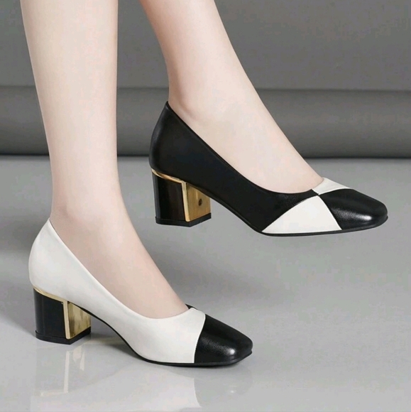 Women Comfortable High Heel Shoes, Red White Color Block Pointed Toe Chunky Heel - Picture 3 of 6